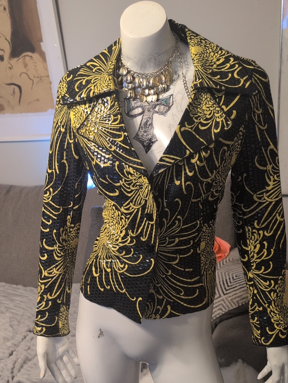 Women's Black & Yellow Floral-Print Fitted Blazer